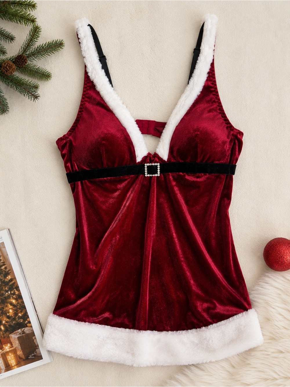 Velvet Holiday Chemise Tank with Faux Fur Trim - Red